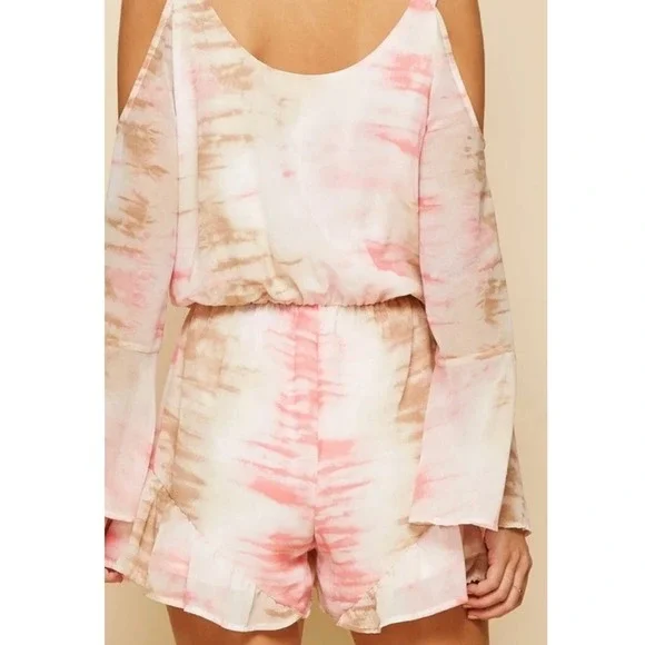 NWT‎ Andree by Unit Tie Dye Romper Cold Shoulder Bell Sleeve Ruffle Hem Sz Lg - Picture 2 of 16